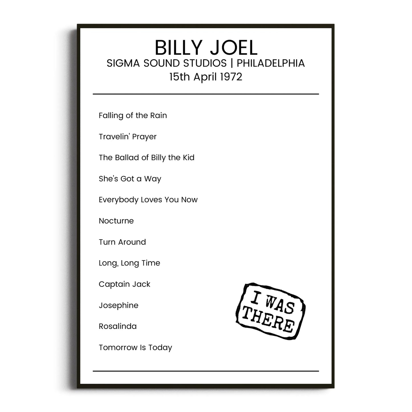 Billy Joel Philadelphia 15 April 1972 Setlist Poster