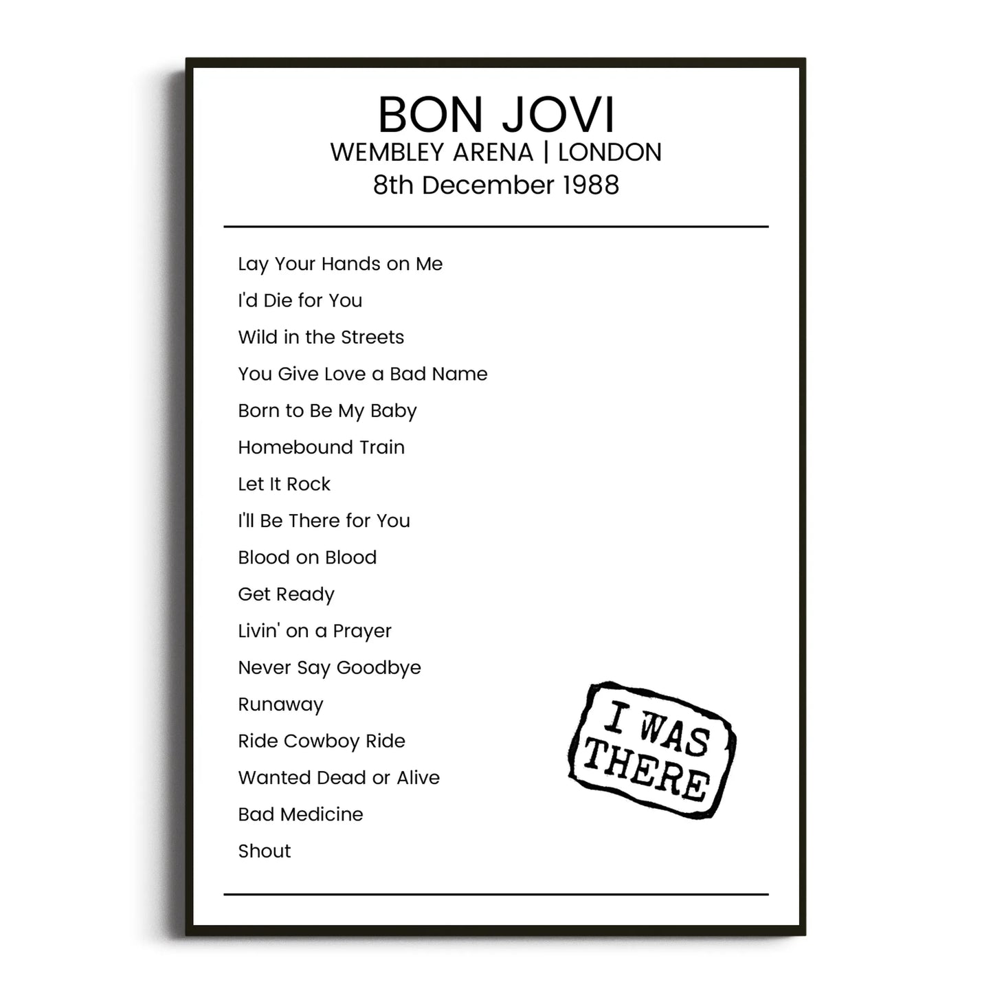 Bon Jovi London 08 December 1988 Setlist Poster