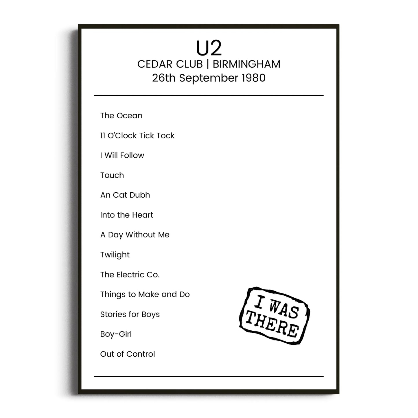 U2 Birmingham 26 September 1980 Setlist Poster