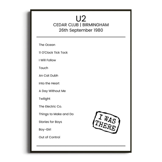 U2 Birmingham 26 September 1980 Setlist Poster