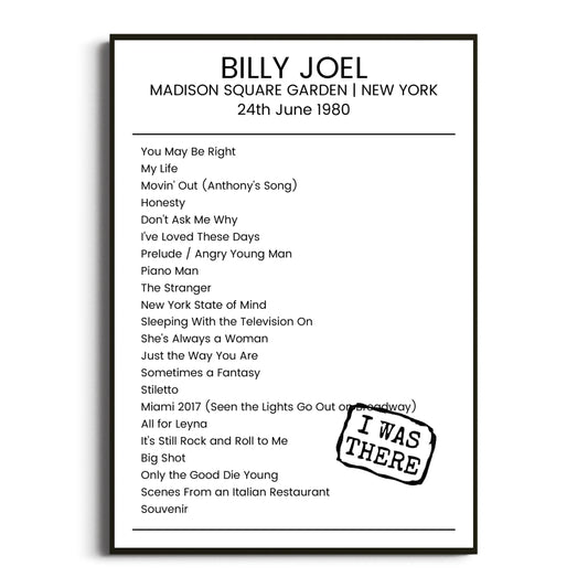 Billy Joel New York 24 June 1980 Setlist Poster