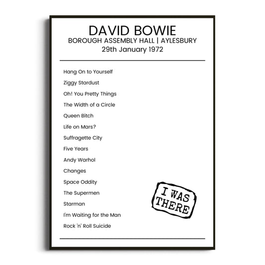 David Bowie Aylesbury 29 January 1972 Setlist Poster