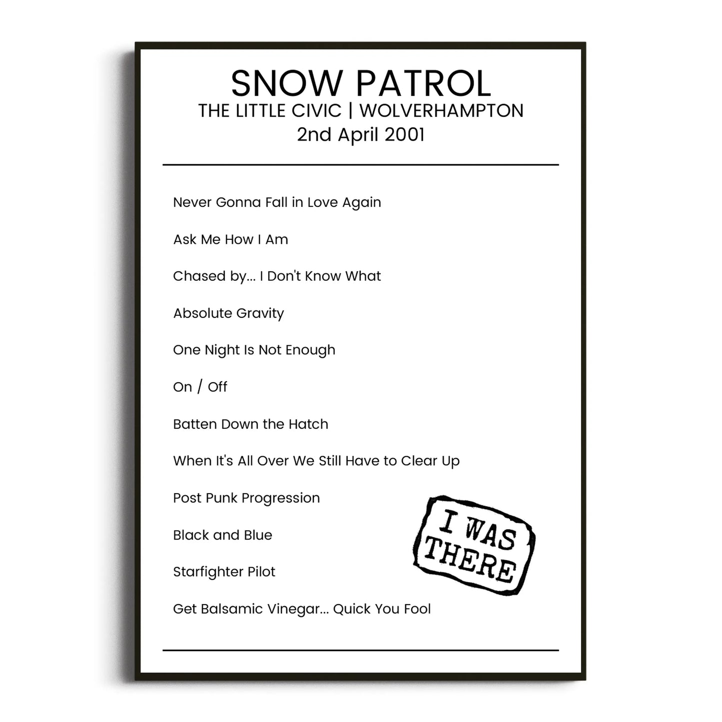 Snow Patrol Wolverhampton 02 April 2001 Setlist Poster