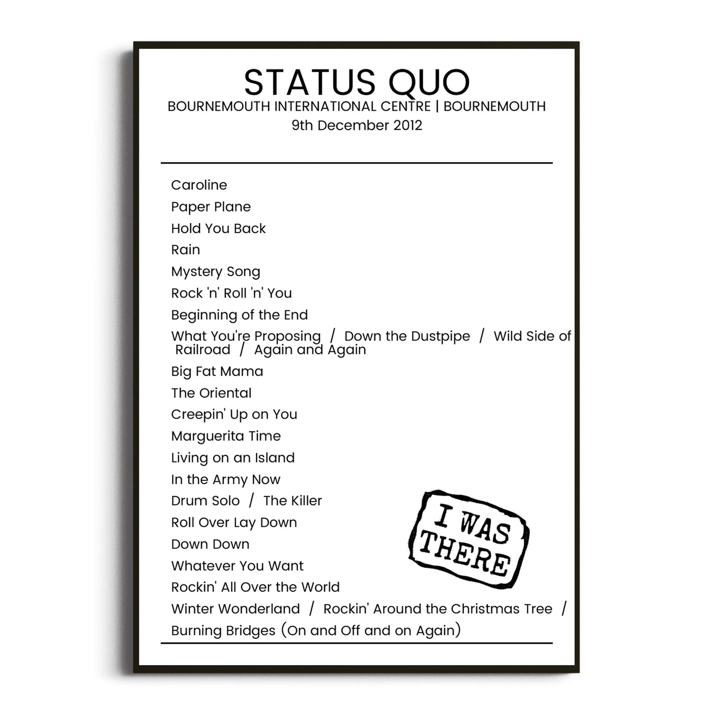 Status Quo Bournemouth 09 December 2012 Setlist Poster