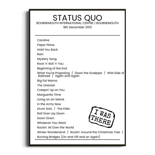 Status Quo Bournemouth 09 December 2012 Setlist Poster