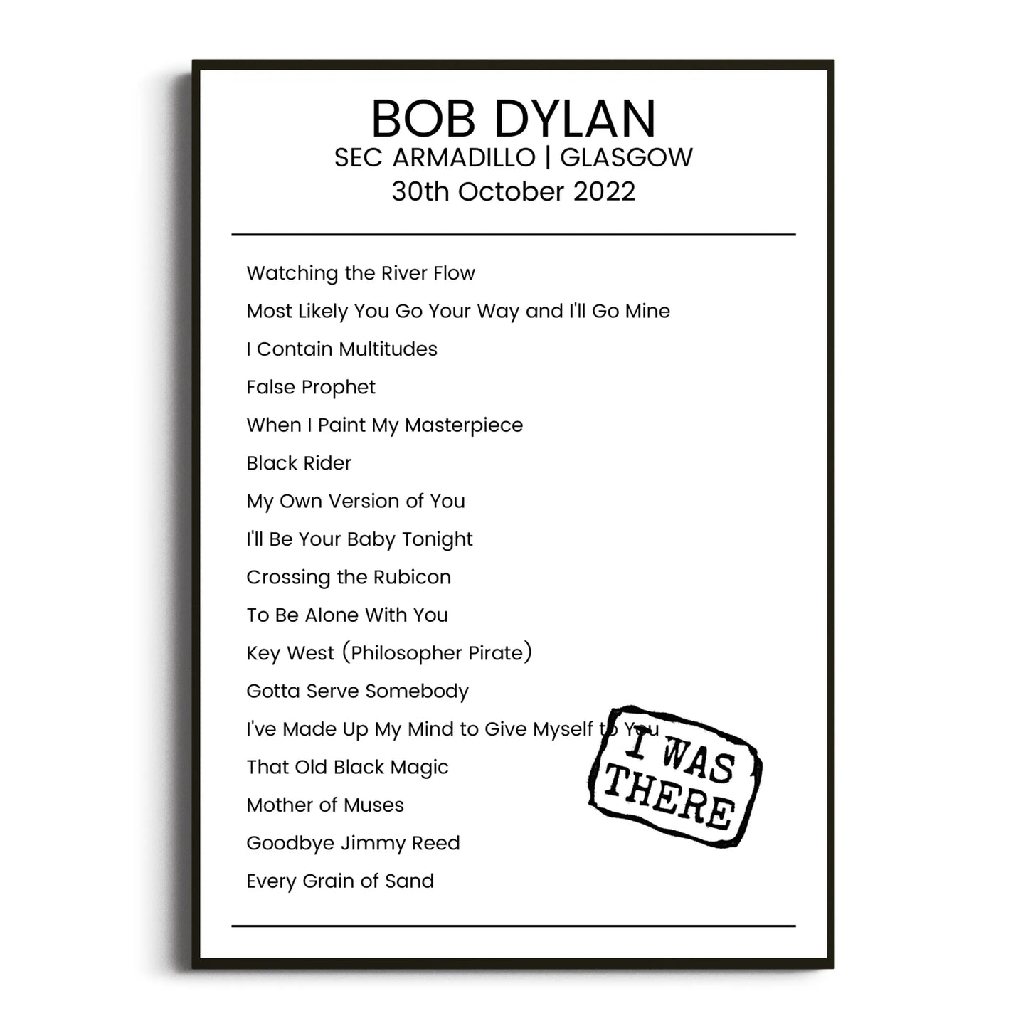 Bob Dylan Glasgow 30 October 2022 Setlist Poster