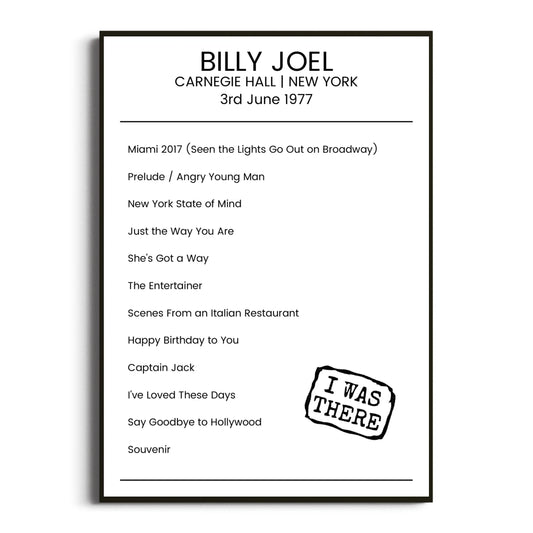 Billy Joel New York 03 June 1977 Setlist Poster