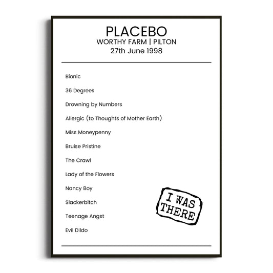 Placebo Pilton 27 June 1998 Setlist Poster