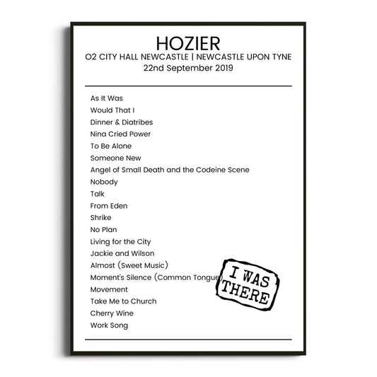 Hozier Newcastle upon Tyne 22 September 2019 Setlist Poster