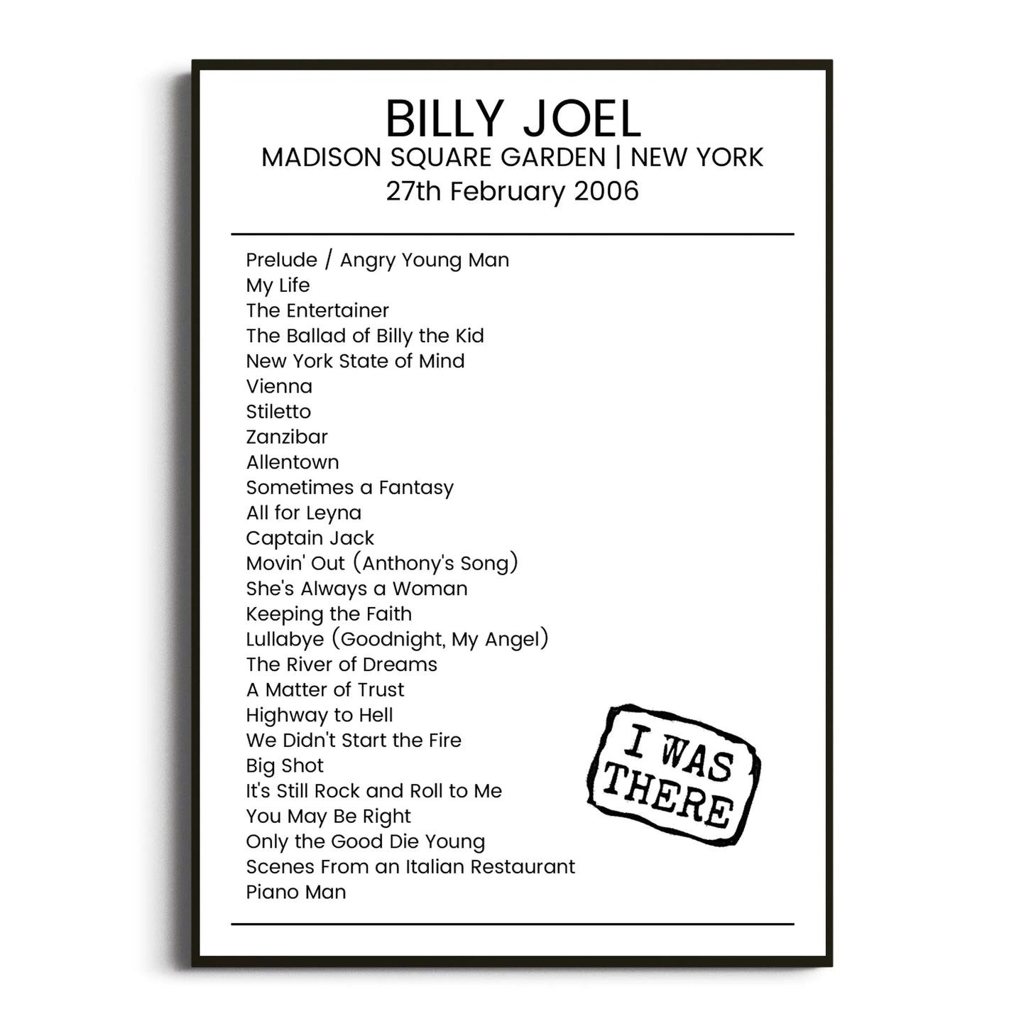 Billy Joel New York 27 February 2006 Setlist Poster