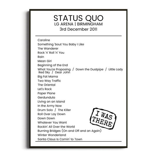 Status Quo Birmingham 03 December 2011 Setlist Poster