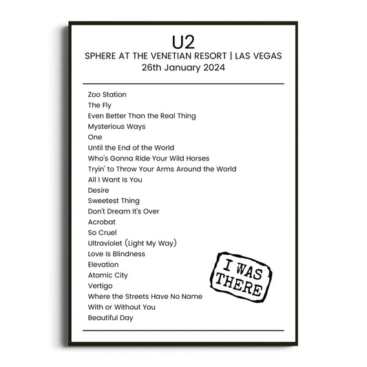 U2 Las Vegas 26 January 2024 Setlist Poster