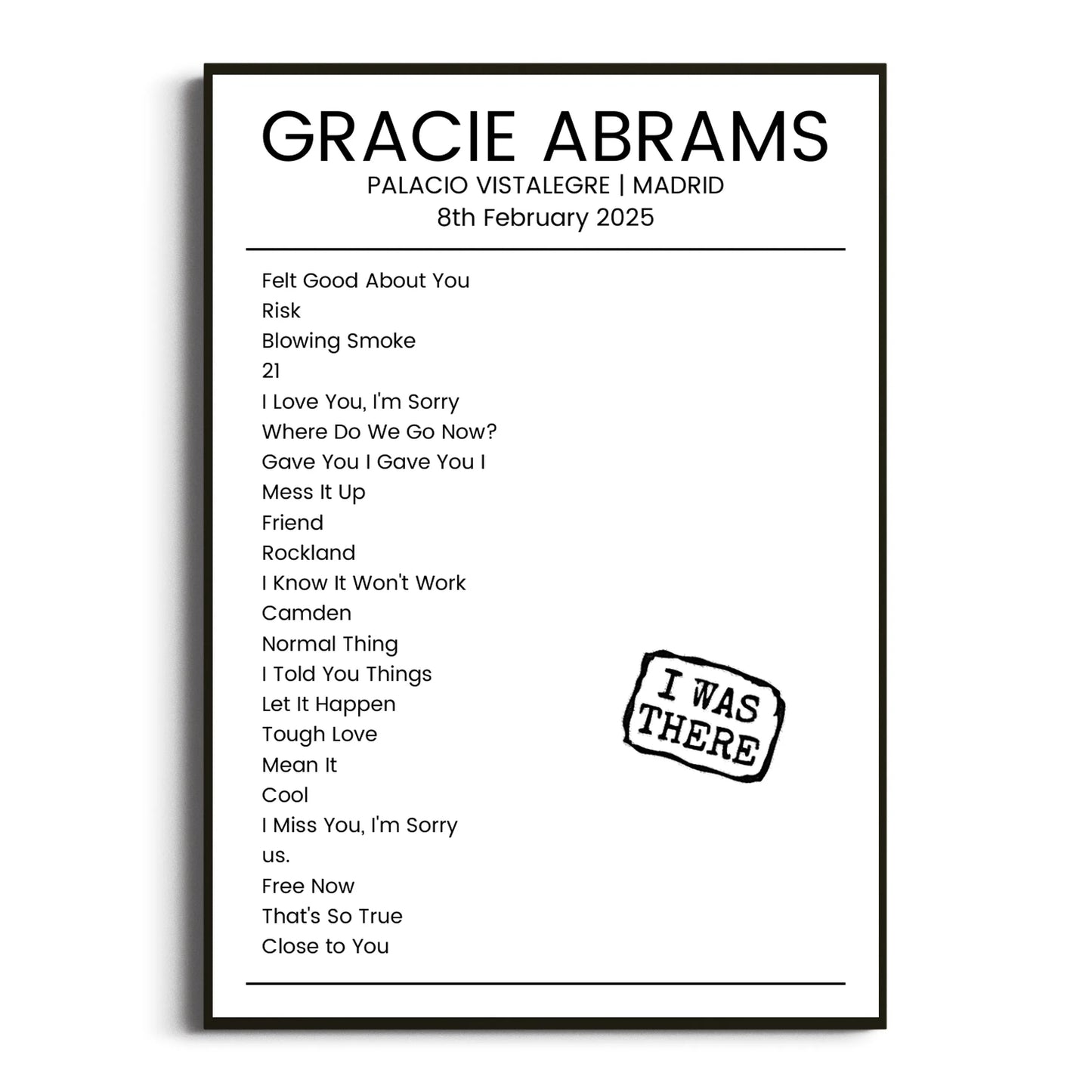 Gracie Abrams Madrid 08 February 2025 Setlist Poster