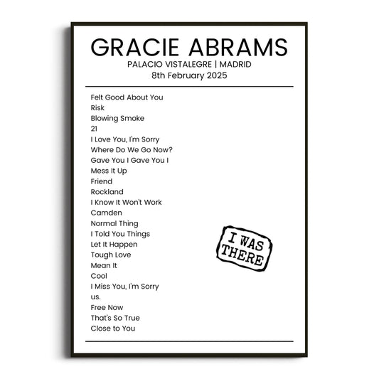 Gracie Abrams Madrid 08 February 2025 Setlist Poster