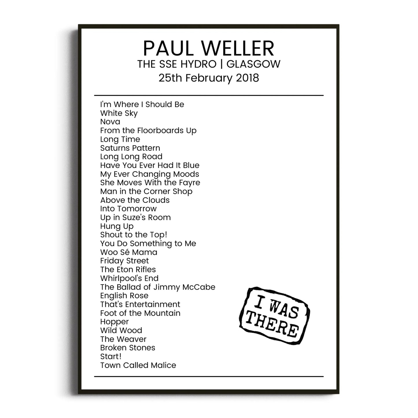 Paul Weller Glasgow 25 February 2018 Setlist Poster