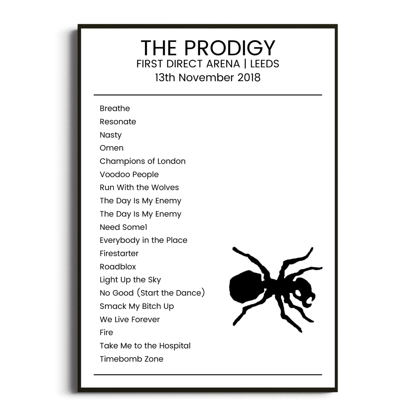 The Prodigy Leeds 13 November 2018 Setlist Poster