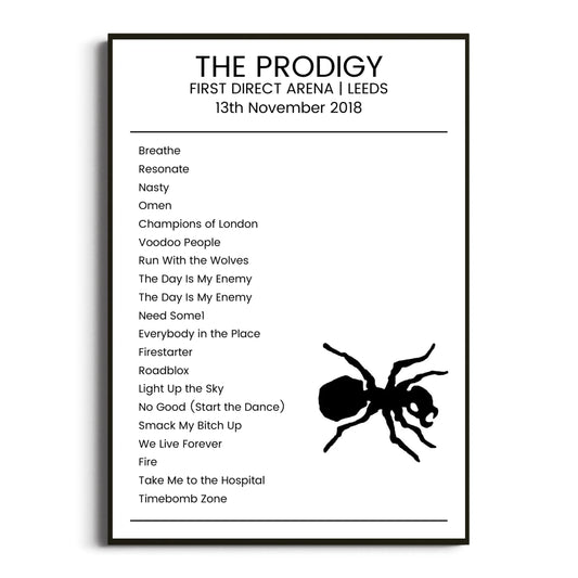 The Prodigy Leeds 13 November 2018 Setlist Poster