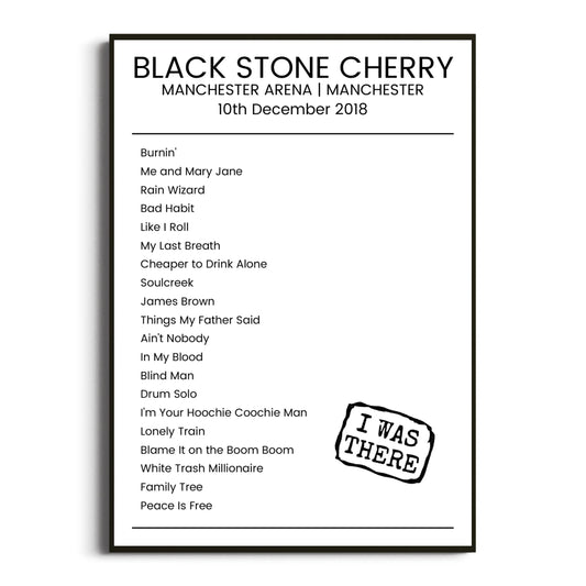 Black Stone Cherry Manchester 10 December 2018 Setlist Poster