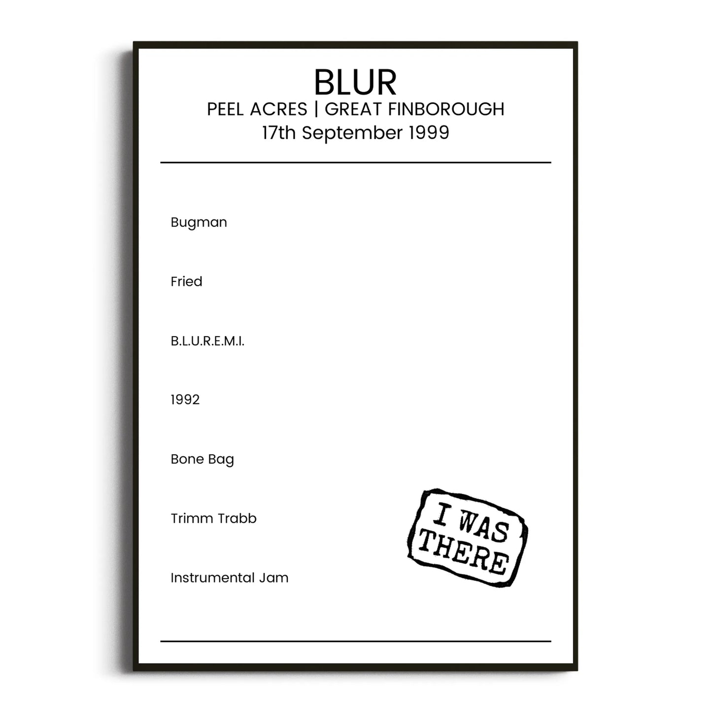 Blur Great Finborough 17 September 1999 Setlist Poster