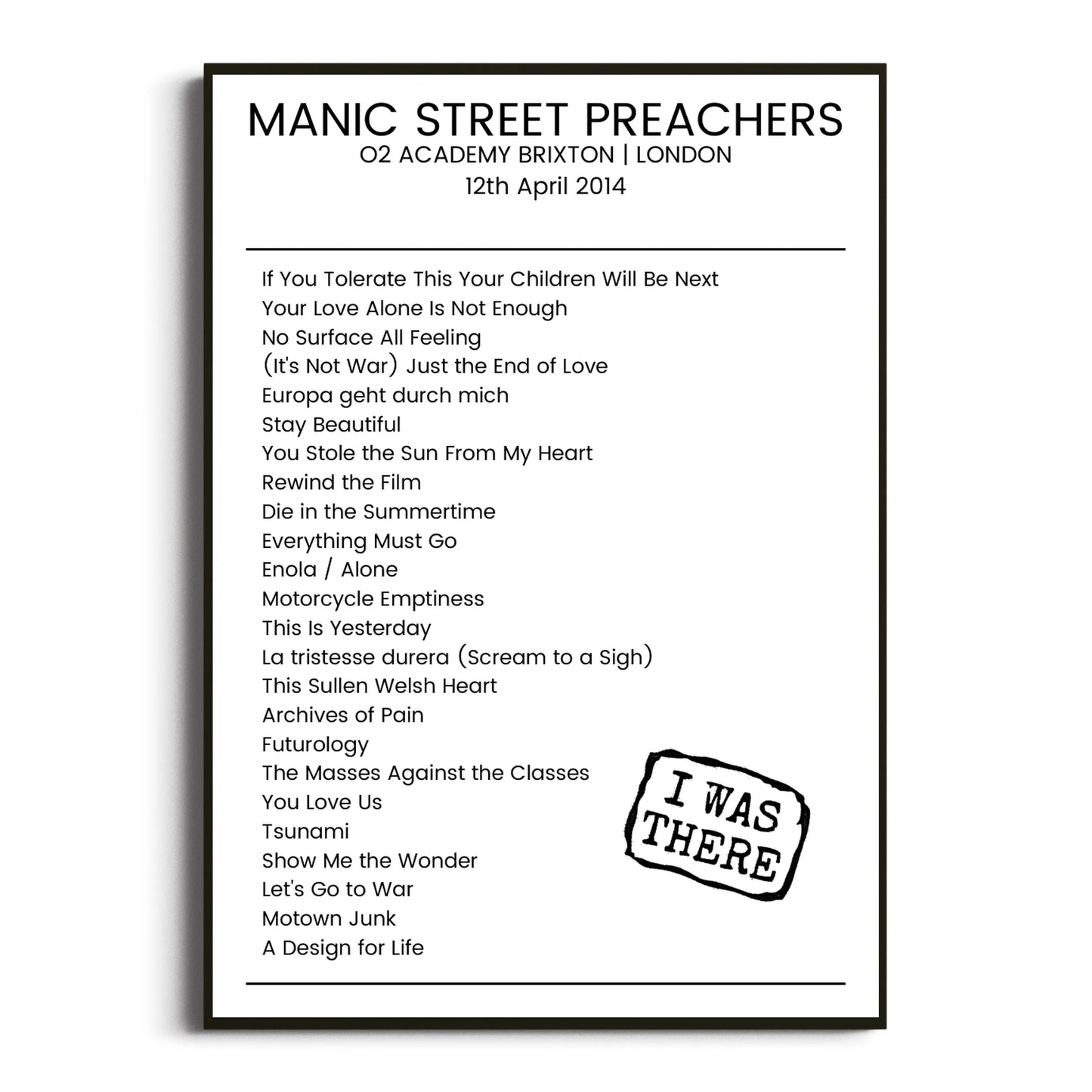 Manic Street Preachers London 12 April 2014 Setlist Poster