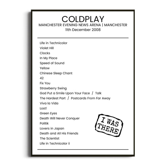 Coldplay Manchester 11 December 2008 Setlist Poster