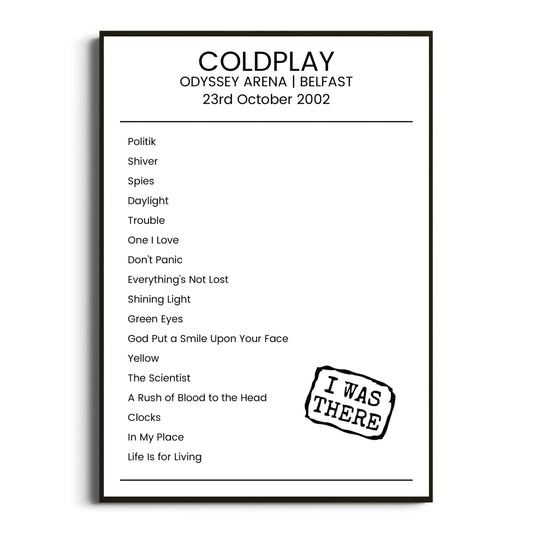 Coldplay Belfast 23 October 2002 Setlist Poster