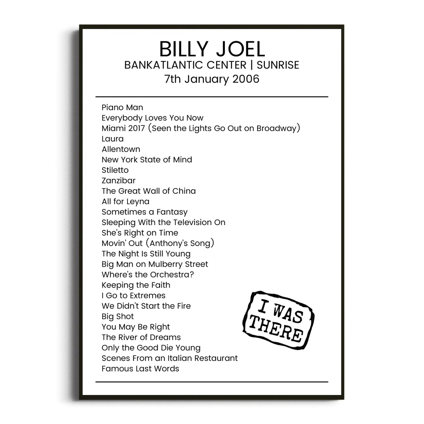 Billy Joel Sunrise 07 January 2006 Setlist Poster