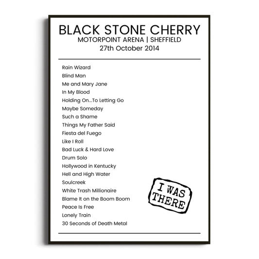 Black Stone Cherry Sheffield 27 October 2014 Setlist Poster