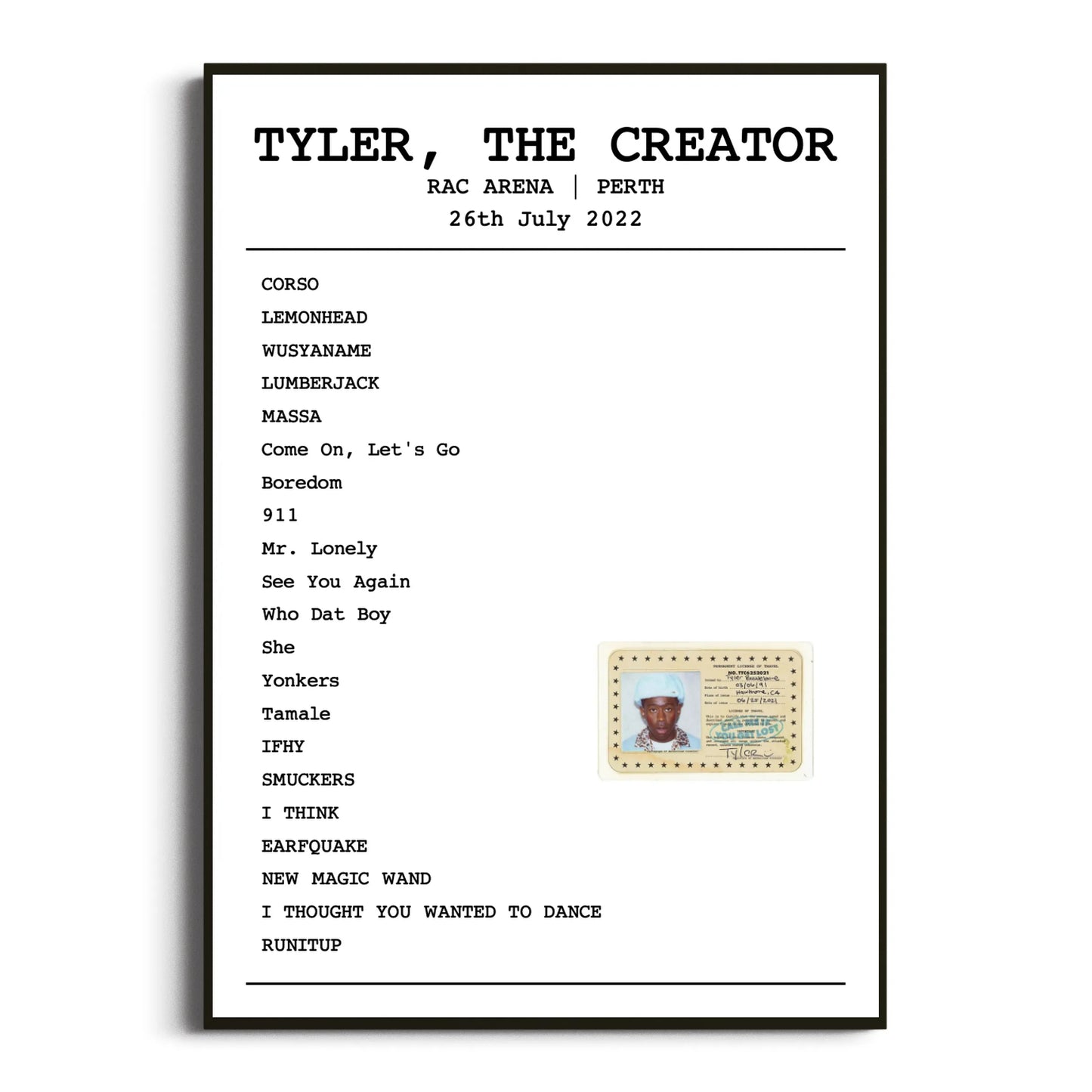 Tyler, The Creator Perth 26 July 2022 Setlist Poster