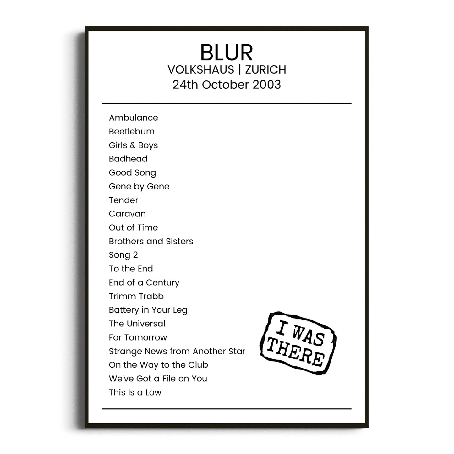 Blur Zurich 24 October 2003 Setlist Poster