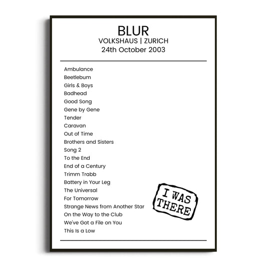 Blur Zurich 24 October 2003 Setlist Poster