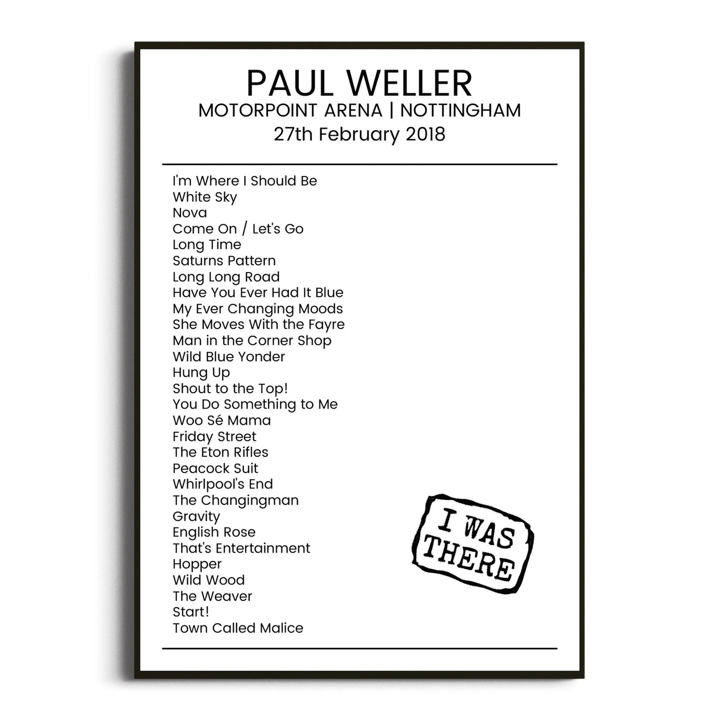 Paul Weller Nottingham 27 February 2018 Setlist Poster