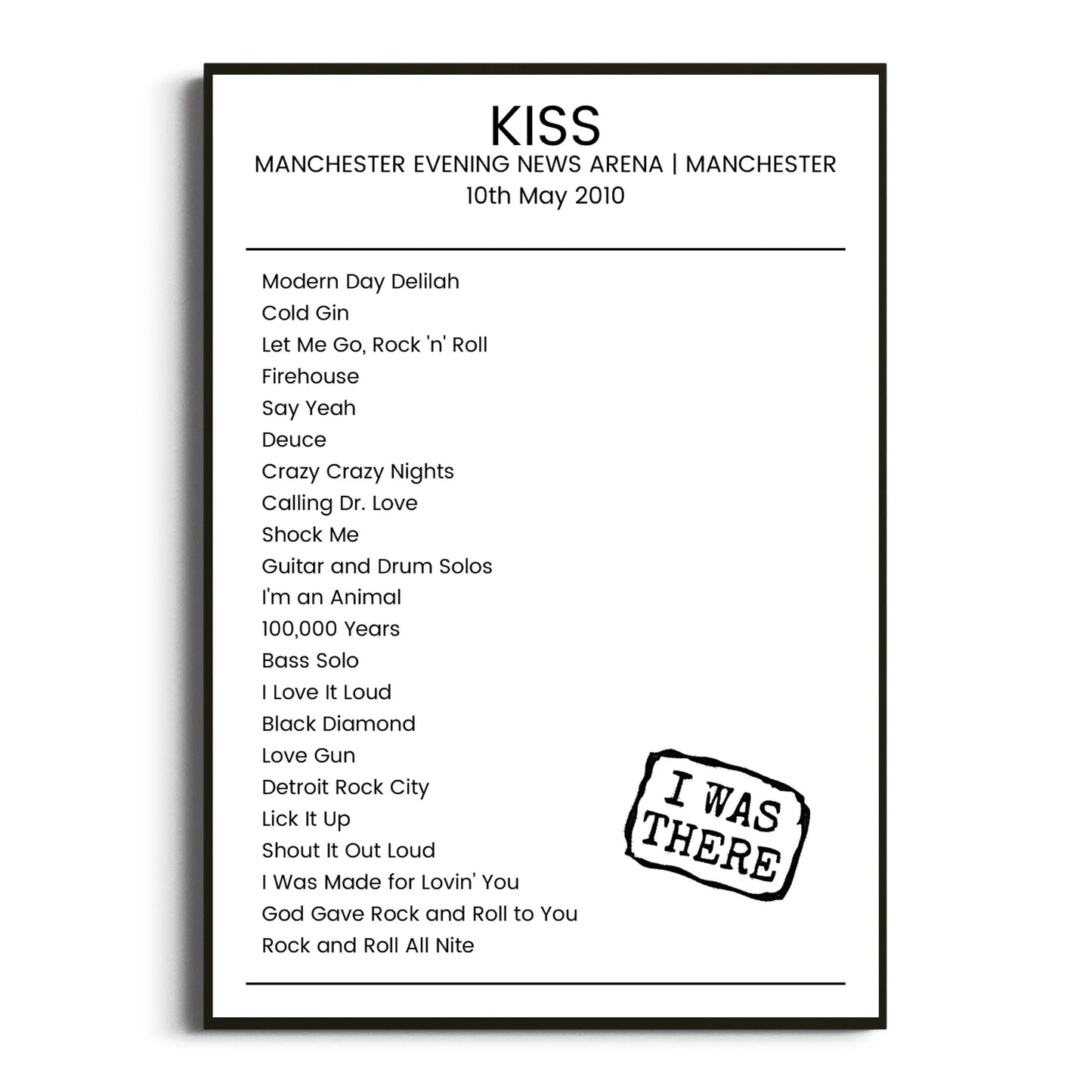 KISS Manchester 10 May 2010 Setlist Poster