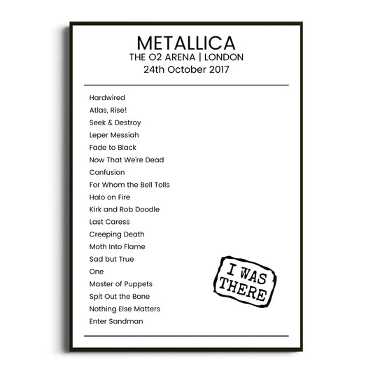 Metallica London 24 October 2017 Setlist Poster