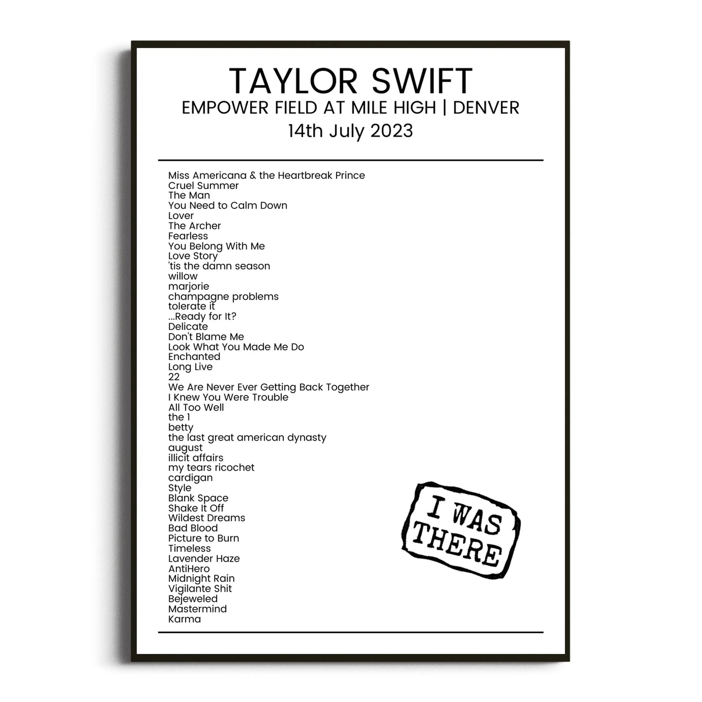 Taylor Swift Denver 14 July 2023 Setlist Poster