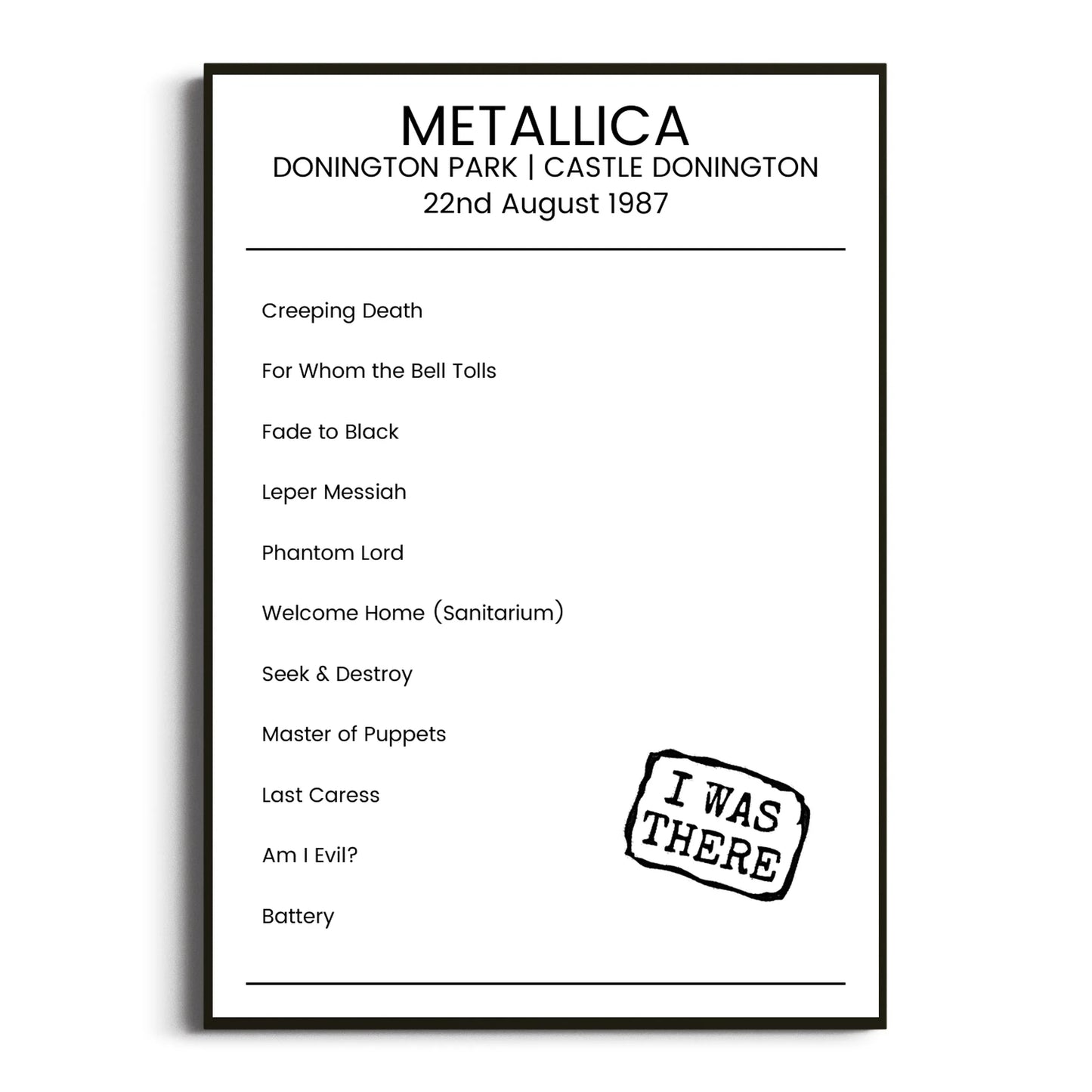 Metallica Castle Donington 22 August 1987 Setlist Poster