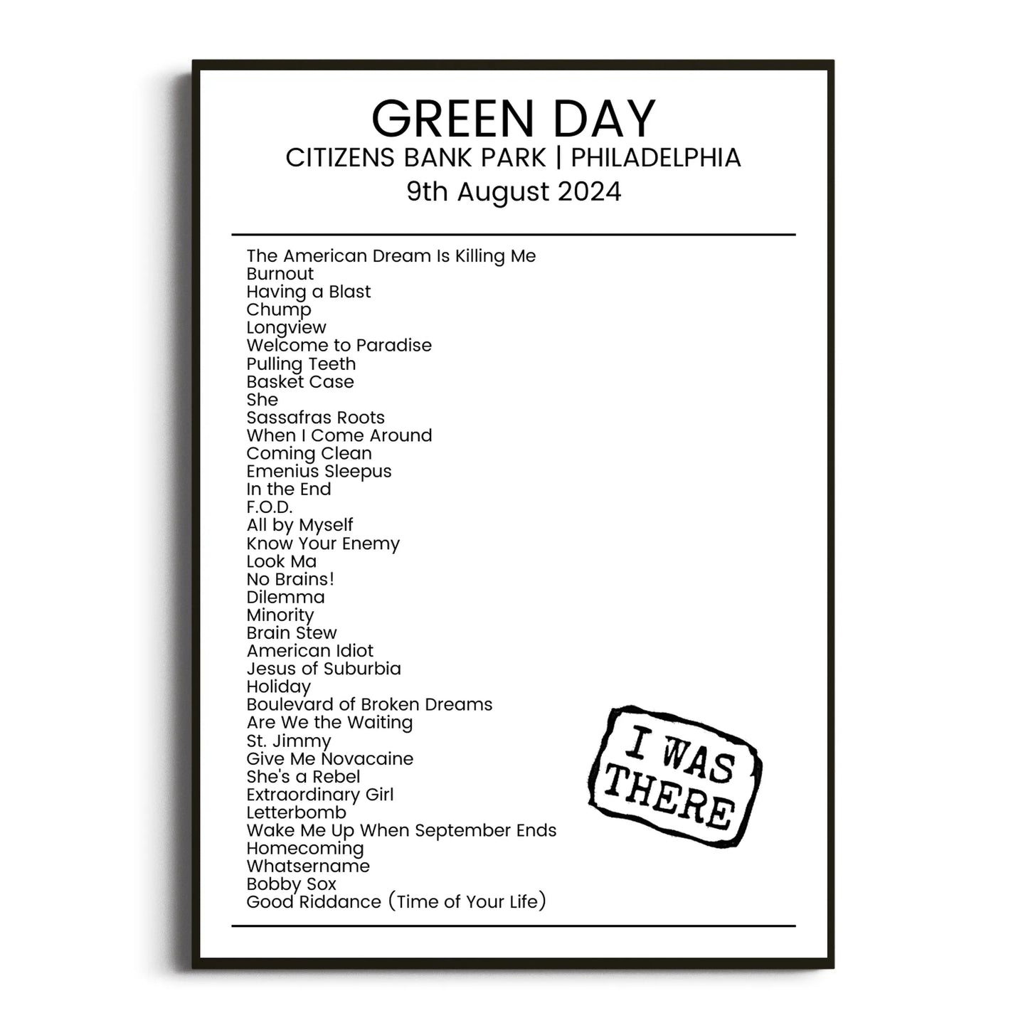 Green Day Philadelphia 09 August 2024 Setlist Poster