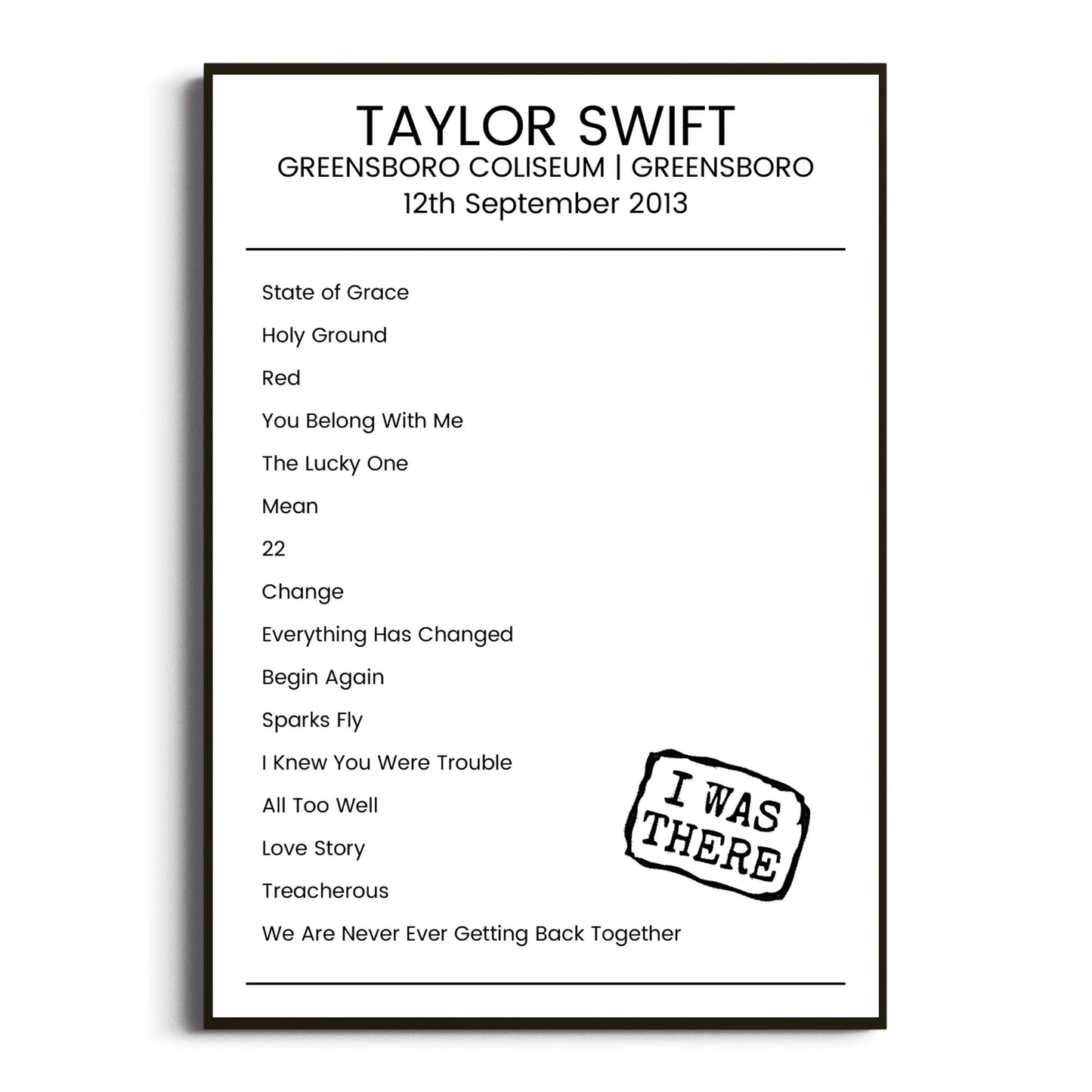 Taylor Swift Greensboro 12 September 2013 Setlist Poster