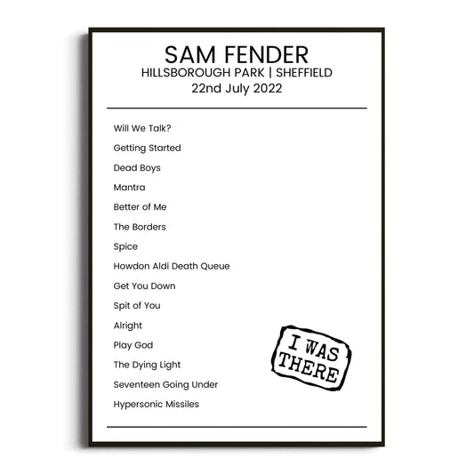 Sam Fender Sheffield 22 July 2022 Setlist Poster