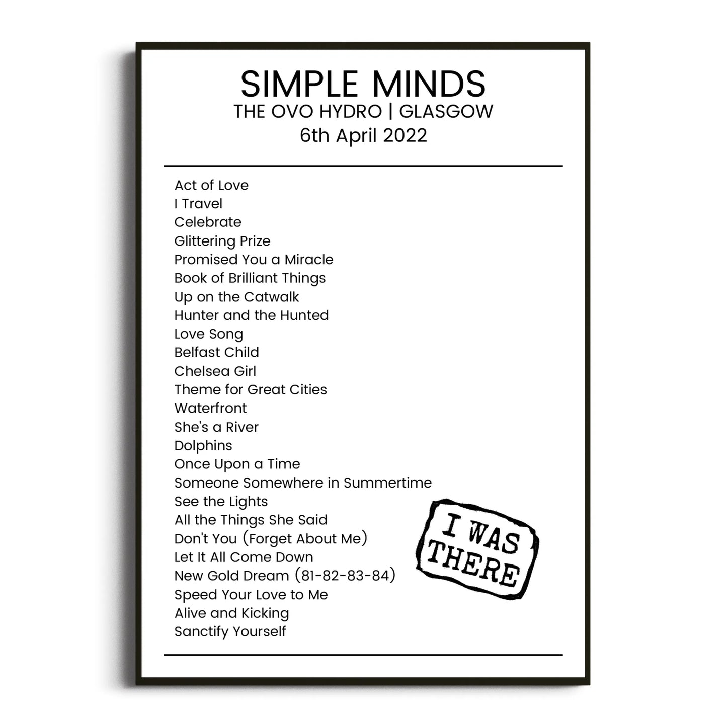 Simple Minds Glasgow 06 April 2022 Setlist Poster