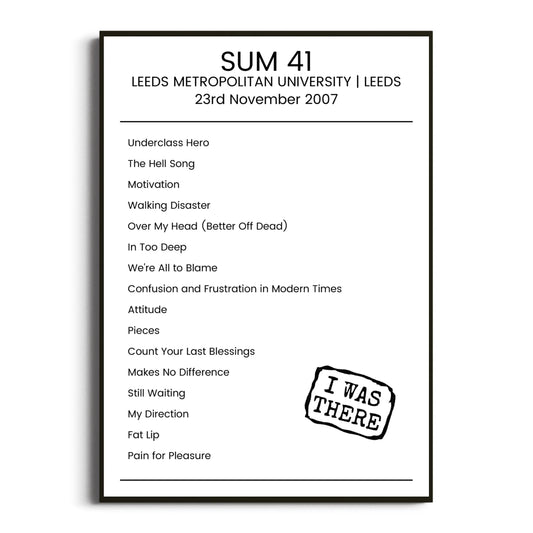 Sum 41 Leeds 23 November 2007 Setlist Poster