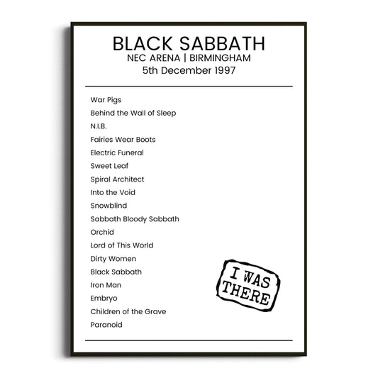 Black Sabbath Birmingham 05 December 1997 Setlist Poster