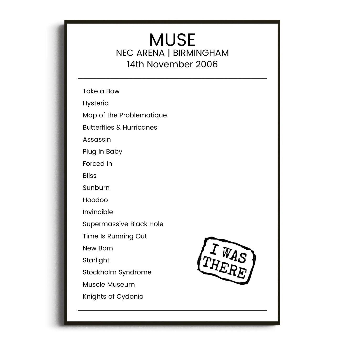 Muse Birmingham 14 November 2006 Setlist Poster