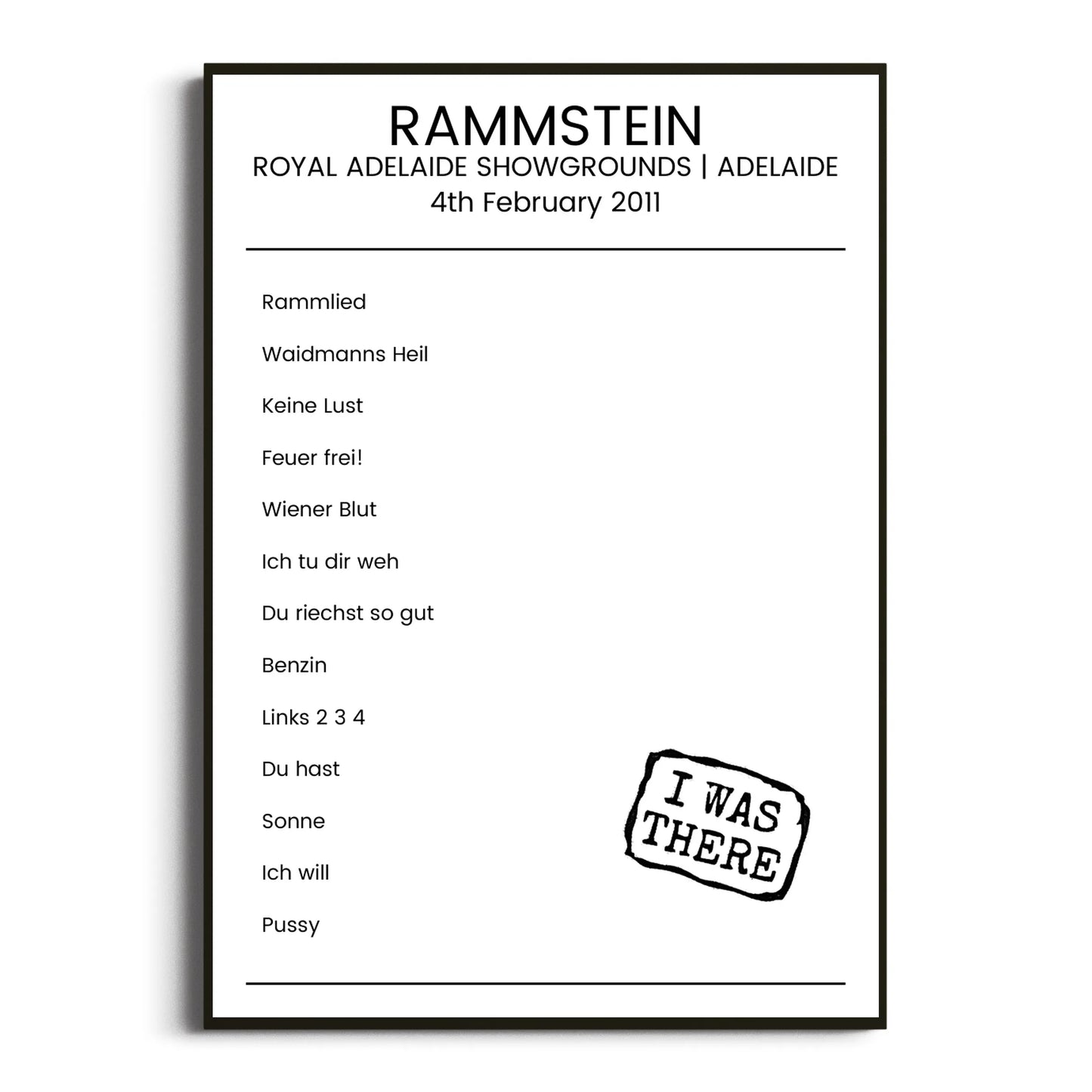 Rammstein Adelaide 04 February 2011 Setlist Poster