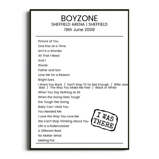 Boyzone Sheffield 19 June 2008 Setlist Poster