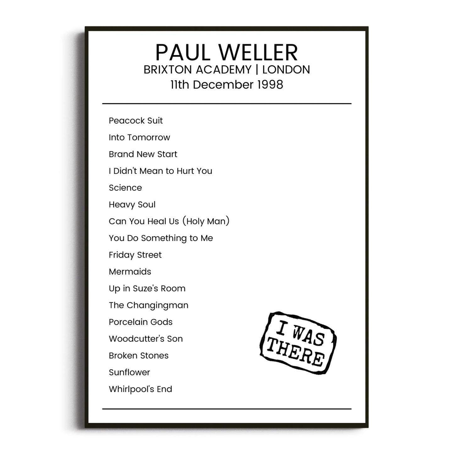 Paul Weller London 11 December 1998 Setlist Poster