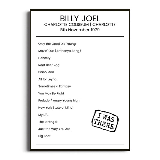 Billy Joel Charlotte 05 November 1979 Setlist Poster