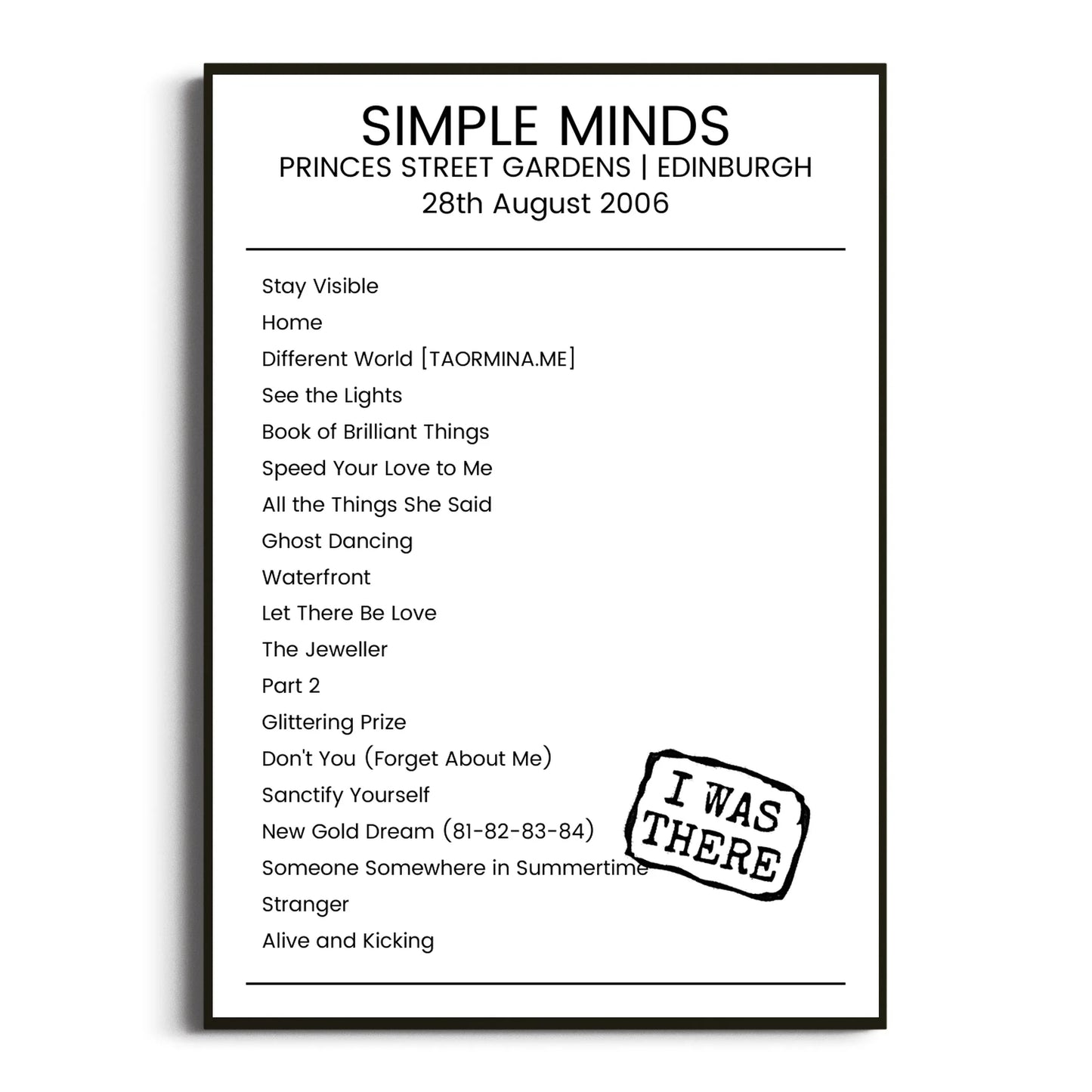 Simple Minds Edinburgh 28 August 2006 Setlist Poster