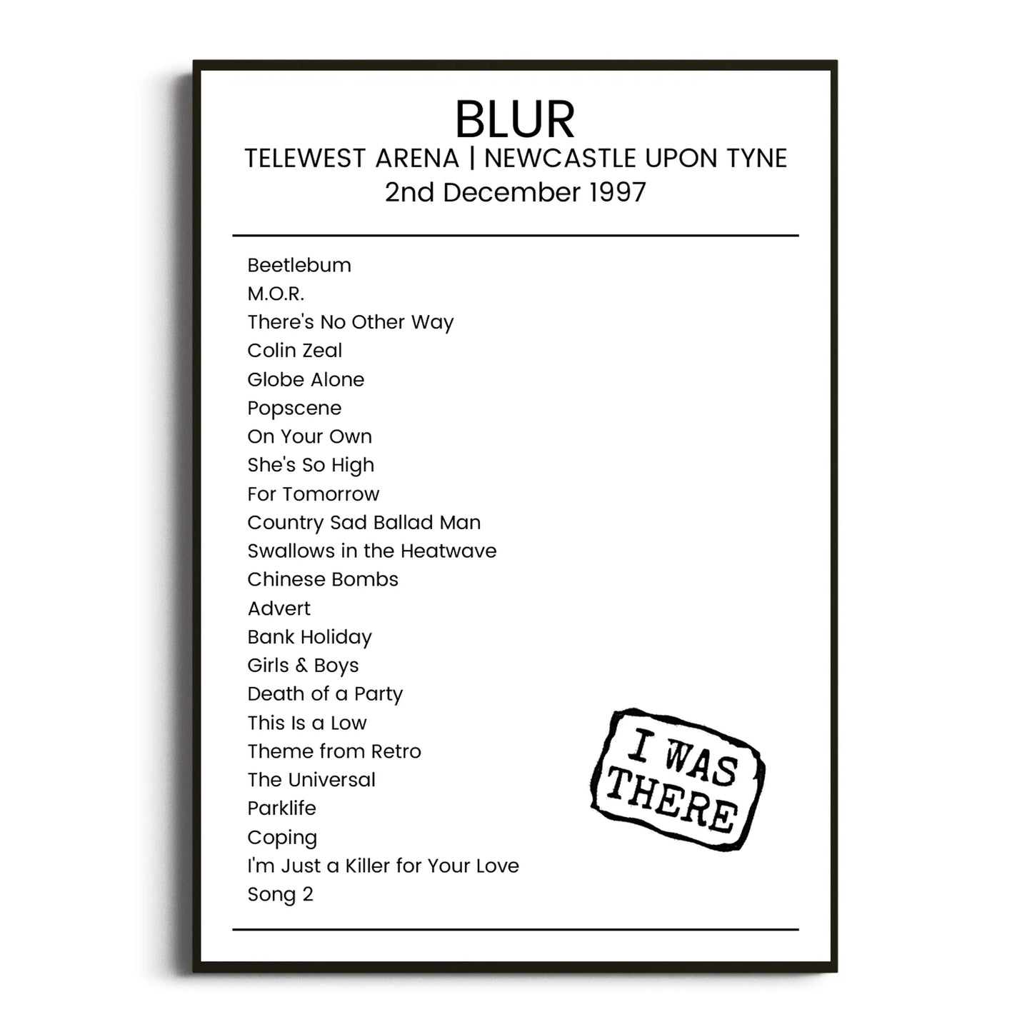 Blur Newcastle upon Tyne 02 December 1997 Setlist Poster