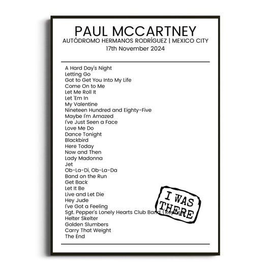 Paul McCartney Mexico City 17 November 2024 Setlist Poster